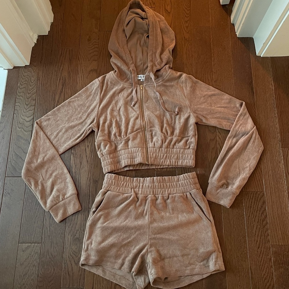 NWOT Tan Hoodie and Shorts Set Size Medium